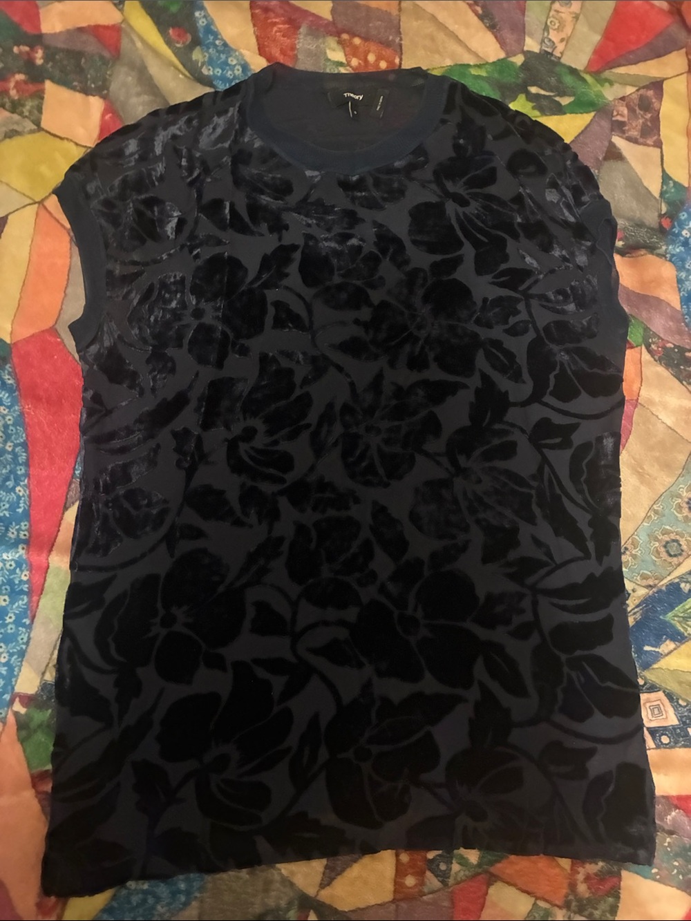 Theory Velvet Floral Burnout Tank Top - Navy